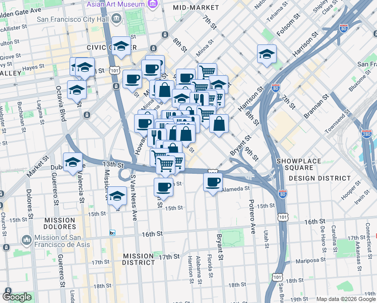 map of restaurants, bars, coffee shops, grocery stores, and more near 320 11th Street in San Francisco