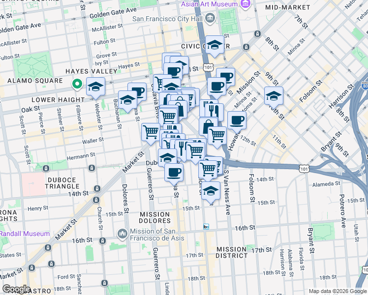 map of restaurants, bars, coffee shops, grocery stores, and more near in San Francisco