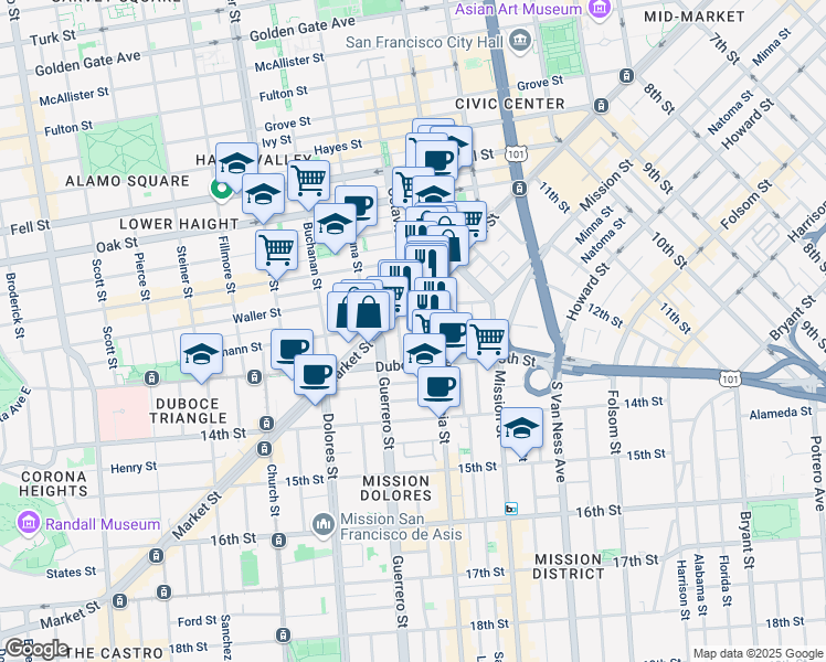 map of restaurants, bars, coffee shops, grocery stores, and more near 1874 Market Street in San Francisco