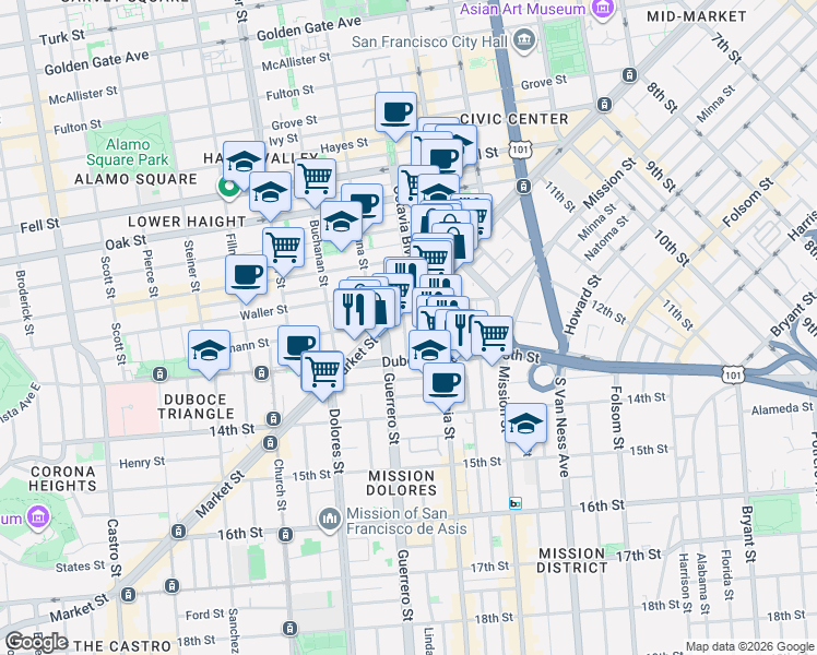 map of restaurants, bars, coffee shops, grocery stores, and more near 1874 Market Street in San Francisco