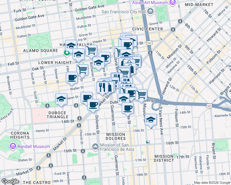 map of restaurants, bars, coffee shops, grocery stores, and more near 1874 Market Street in San Francisco