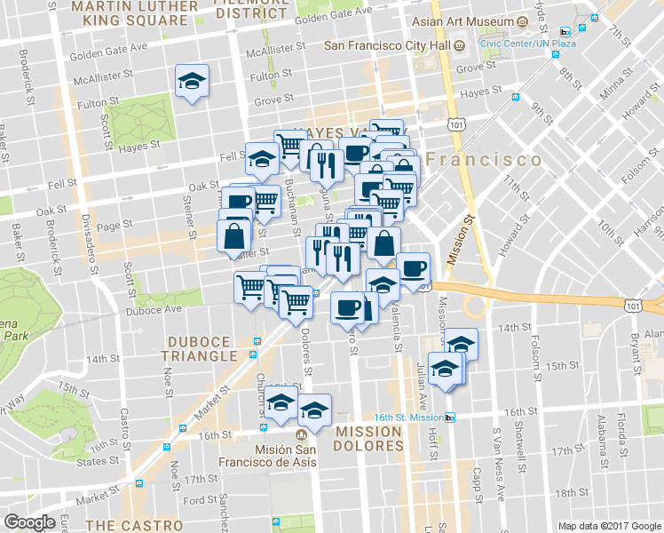 map of restaurants, bars, coffee shops, grocery stores, and more near 75 Laguna Street in San Francisco
