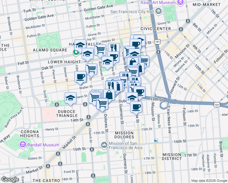 map of restaurants, bars, coffee shops, grocery stores, and more near 75 Laguna Street in San Francisco