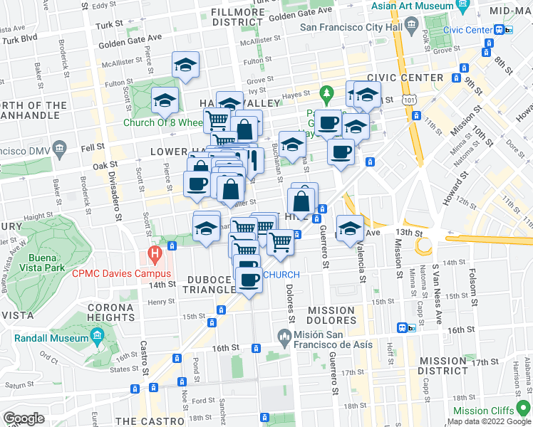 map of restaurants, bars, coffee shops, grocery stores, and more near 100 Webster Street in San Francisco