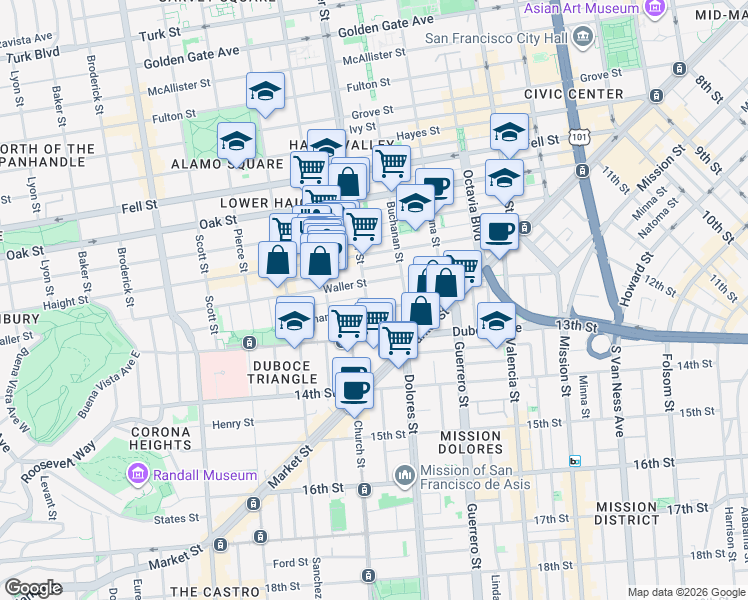 map of restaurants, bars, coffee shops, grocery stores, and more near 100 Webster Street in San Francisco