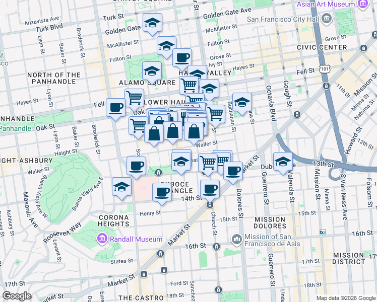 map of restaurants, bars, coffee shops, grocery stores, and more near 215 Steiner Street in San Francisco