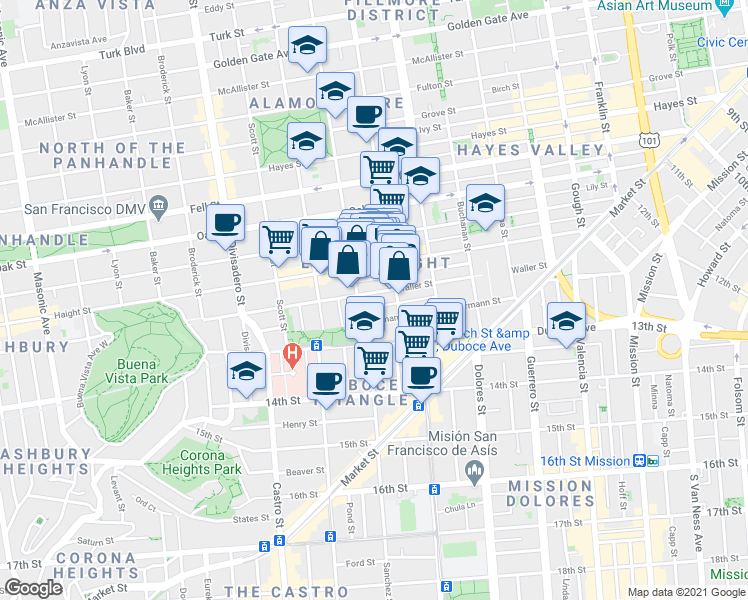 map of restaurants, bars, coffee shops, grocery stores, and more near 215 Steiner Street in San Francisco