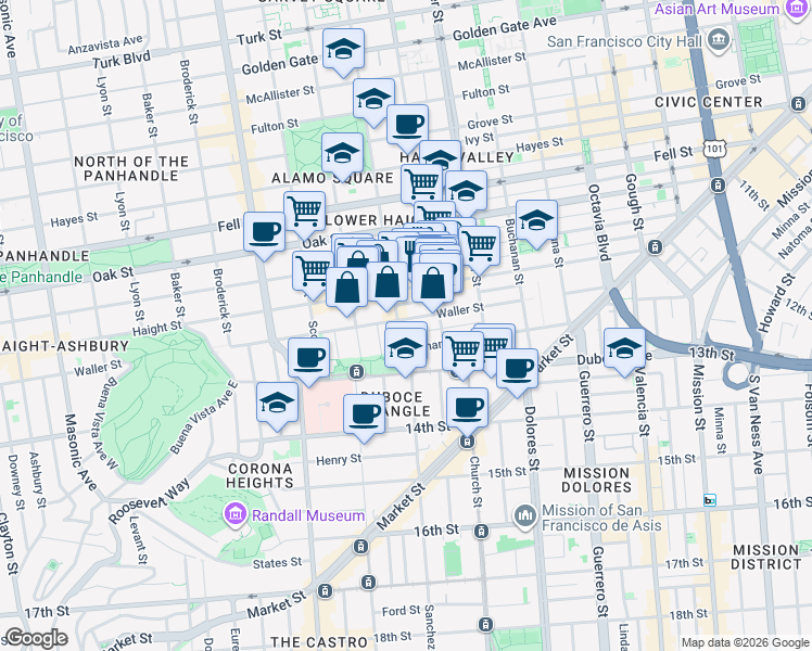 map of restaurants, bars, coffee shops, grocery stores, and more near 215 Steiner Street in San Francisco