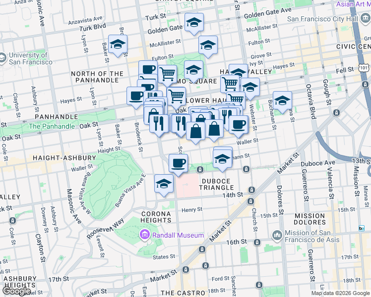 map of restaurants, bars, coffee shops, grocery stores, and more near 747 Haight Street in San Francisco