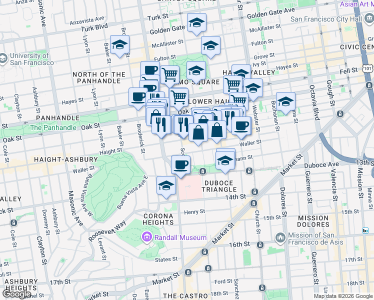 map of restaurants, bars, coffee shops, grocery stores, and more near 747 Haight Street in San Francisco