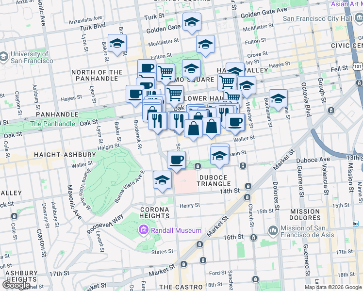 map of restaurants, bars, coffee shops, grocery stores, and more near 747 Haight Street in San Francisco