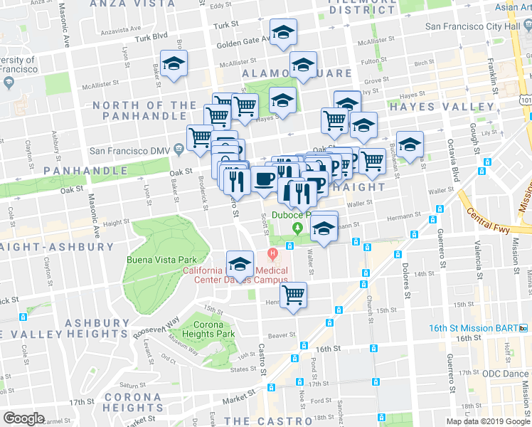 map of restaurants, bars, coffee shops, grocery stores, and more near 747 Haight Street in San Francisco