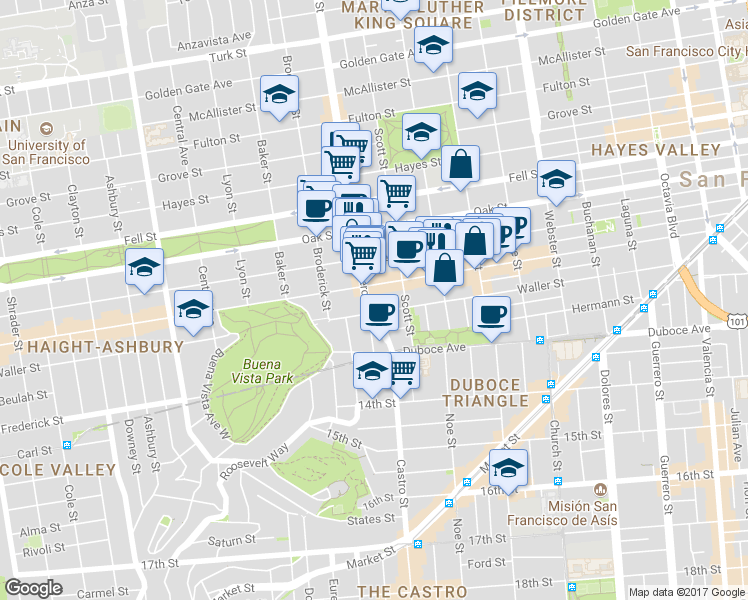 map of restaurants, bars, coffee shops, grocery stores, and more near 834 Haight Street in San Francisco