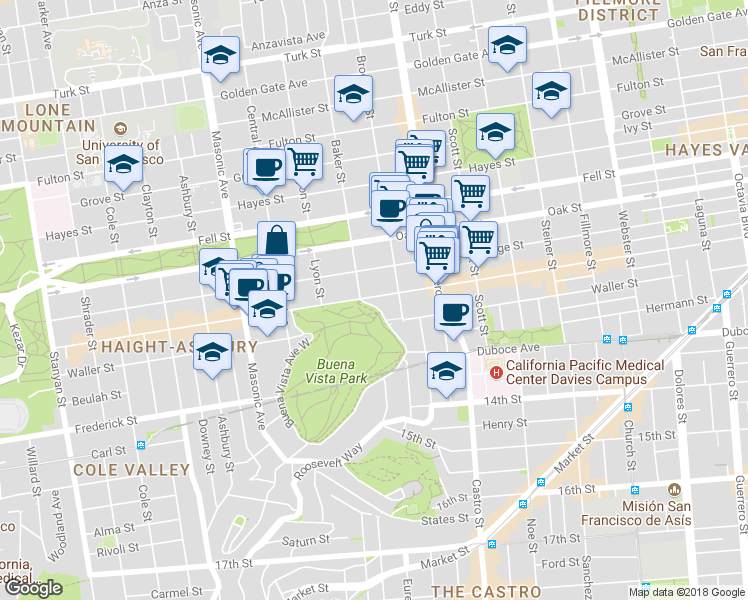 map of restaurants, bars, coffee shops, grocery stores, and more near 52 Baker Street in San Francisco
