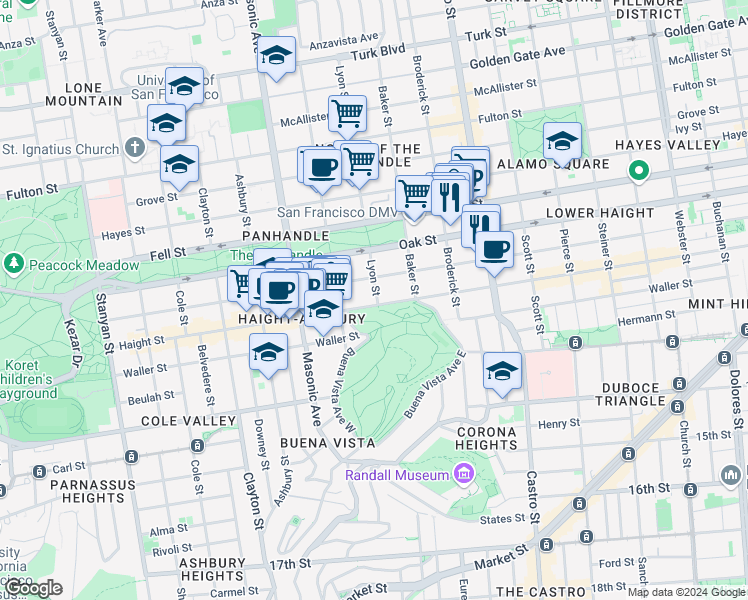 map of restaurants, bars, coffee shops, grocery stores, and more near 111 Lyon Street in San Francisco