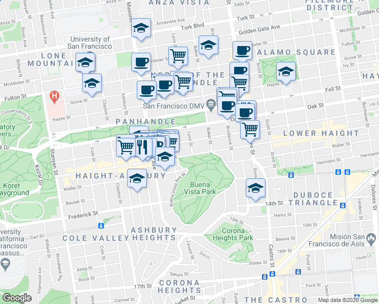 map of restaurants, bars, coffee shops, grocery stores, and more near 111 Lyon Street in San Francisco