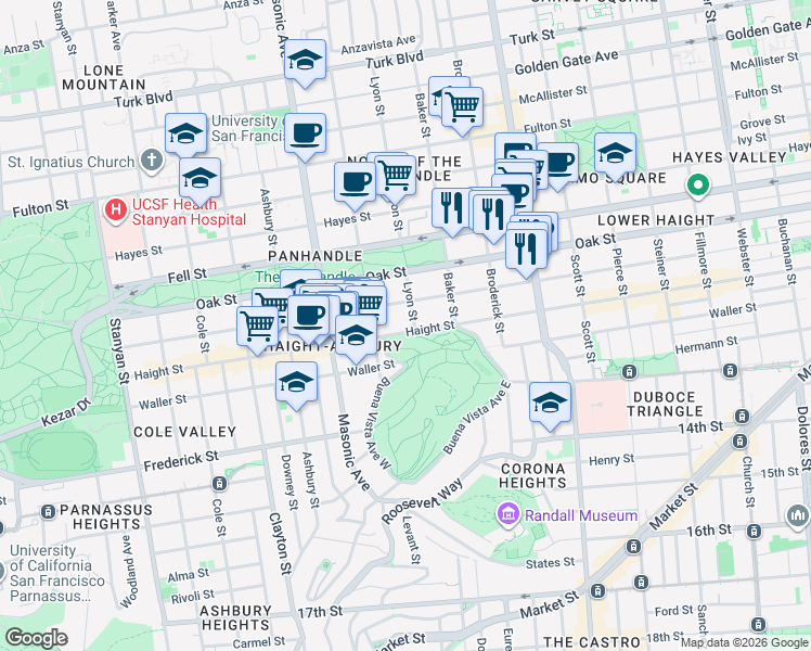 map of restaurants, bars, coffee shops, grocery stores, and more near 111 Lyon Street in San Francisco