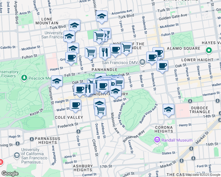 map of restaurants, bars, coffee shops, grocery stores, and more near 1466 Page Street in San Francisco