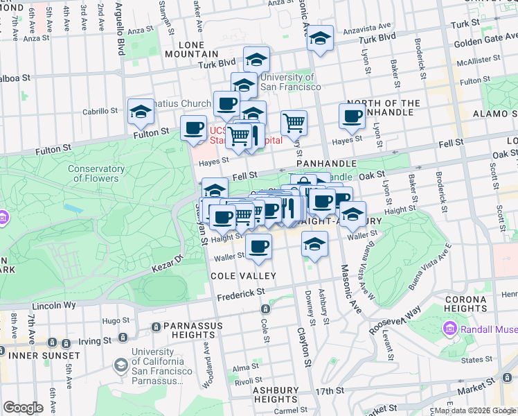 map of restaurants, bars, coffee shops, grocery stores, and more near 1817 Oak Street in San Francisco