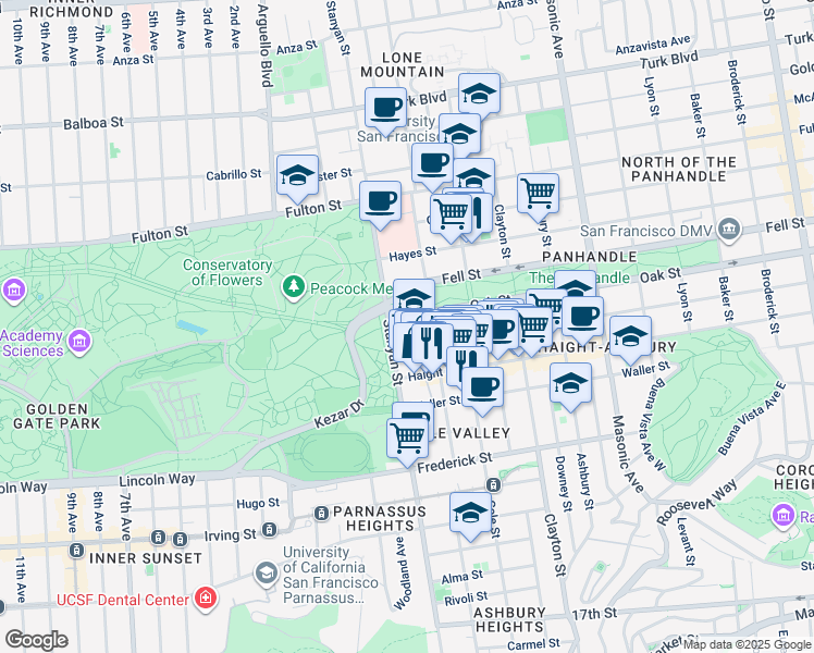 map of restaurants, bars, coffee shops, grocery stores, and more near 2011 Oak Street in San Francisco