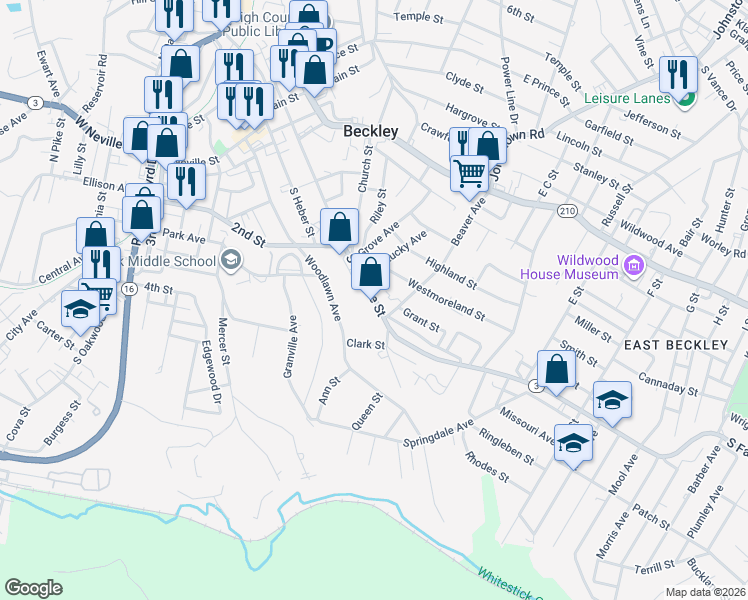 map of restaurants, bars, coffee shops, grocery stores, and more near 104-108 Westmoreland Street in Beckley