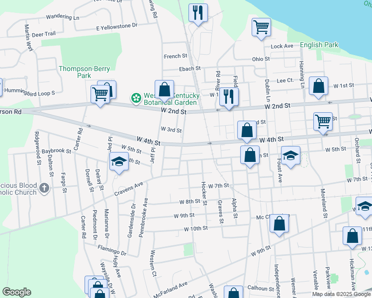 map of restaurants, bars, coffee shops, grocery stores, and more near 341-343 Sutton Lane in Owensboro