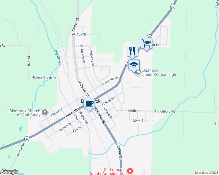 map of restaurants, bars, coffee shops, grocery stores, and more near 636 Veterans Drive in Bismarck