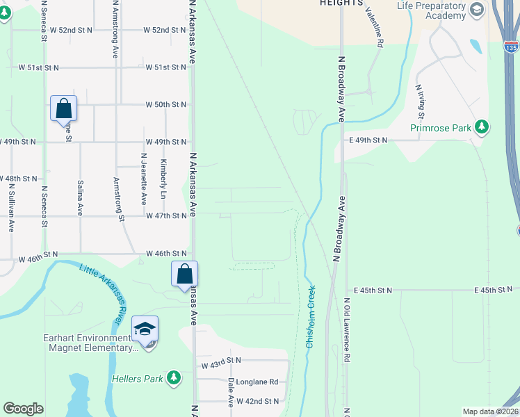map of restaurants, bars, coffee shops, grocery stores, and more near 405 W 48th Street North in Wichita