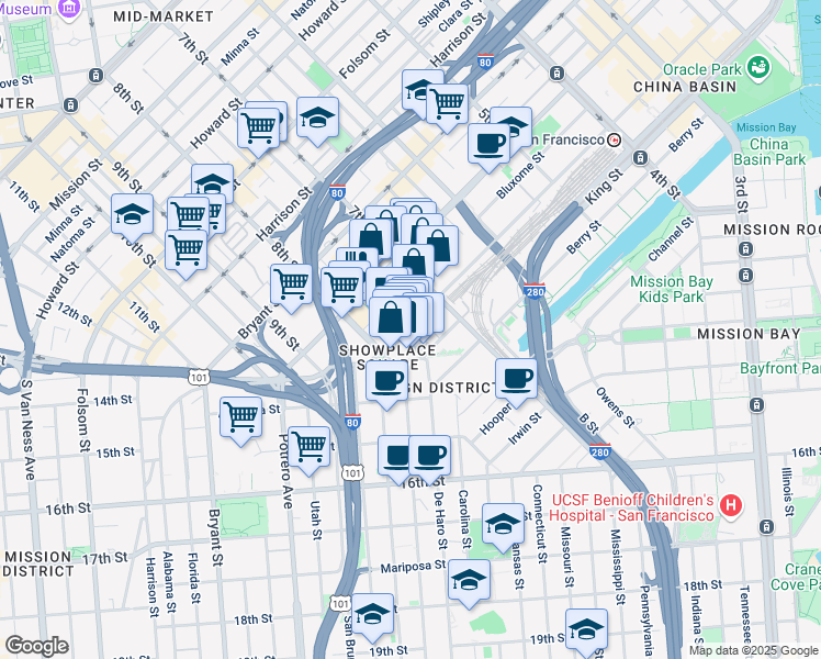 map of restaurants, bars, coffee shops, grocery stores, and more near 655 Townsend St in San Francisco
