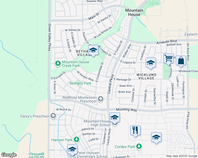 map of restaurants, bars, coffee shops, grocery stores, and more near 632 Comunidad Street in Mountain House