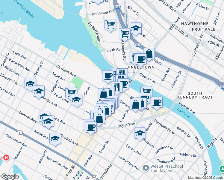 map of restaurants, bars, coffee shops, grocery stores, and more near 2301 Blanding Avenue in Alameda