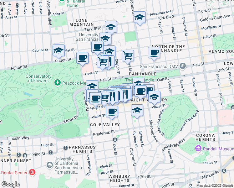 map of restaurants, bars, coffee shops, grocery stores, and more near 1817 Oak Street in San Francisco