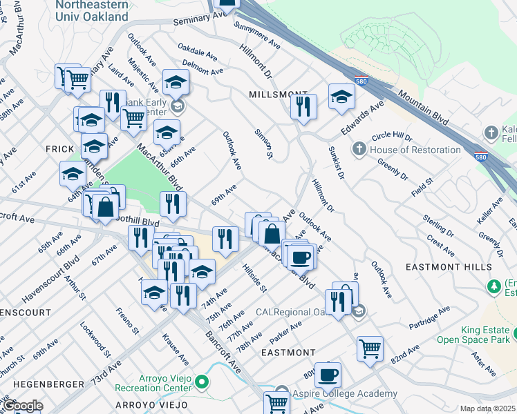 map of restaurants, bars, coffee shops, grocery stores, and more near 7038 Lacey Avenue in Oakland