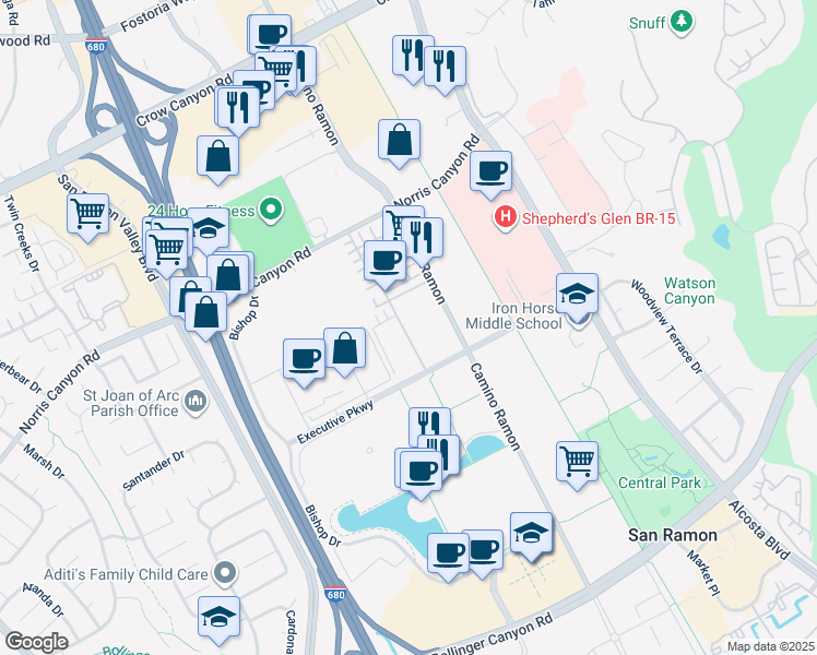 map of restaurants, bars, coffee shops, grocery stores, and more near 321 Isabelline Court in San Ramon