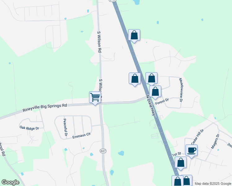map of restaurants, bars, coffee shops, grocery stores, and more near 5106 South Wilson Road in Elizabethtown