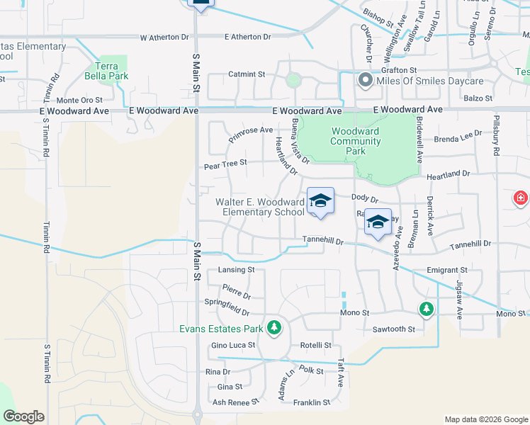 map of restaurants, bars, coffee shops, grocery stores, and more near 2073 South Sanctuary Place in Manteca