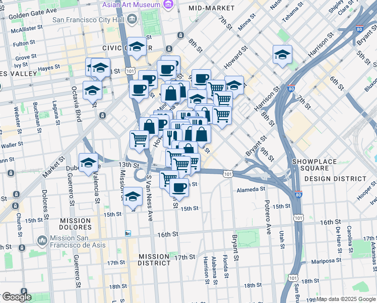 map of restaurants, bars, coffee shops, grocery stores, and more near 1560 Folsom Street in San Francisco