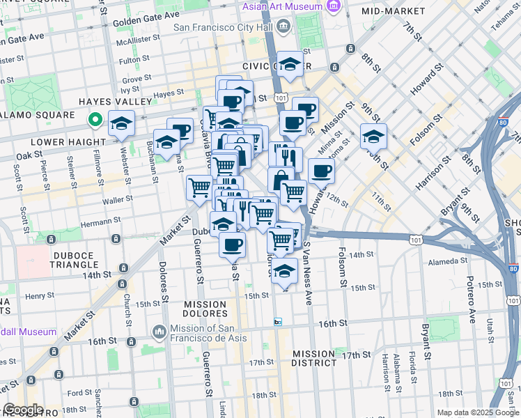 map of restaurants, bars, coffee shops, grocery stores, and more near in San Francisco