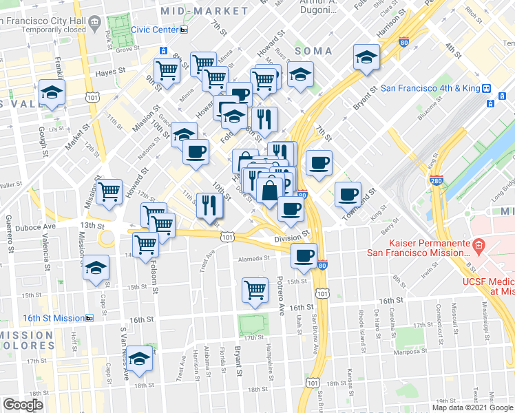 map of restaurants, bars, coffee shops, grocery stores, and more near Bryant St & Dore St in San Francisco