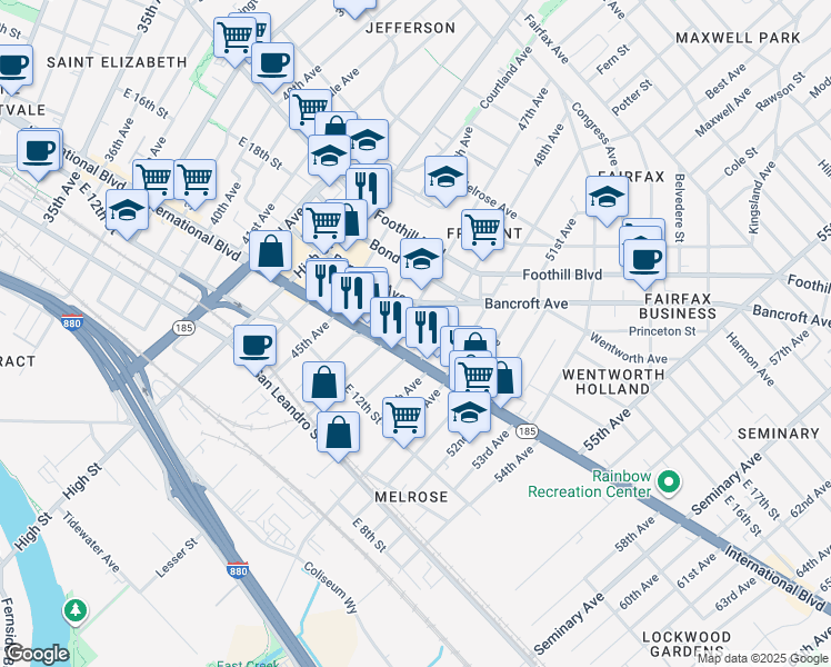 map of restaurants, bars, coffee shops, grocery stores, and more near 1434 47th Avenue in Oakland