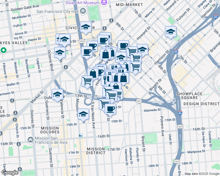 map of restaurants, bars, coffee shops, grocery stores, and more near 1560 Folsom Street in San Francisco