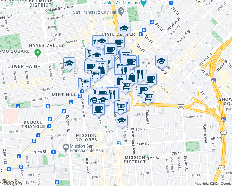 map of restaurants, bars, coffee shops, grocery stores, and more near 1680 Mission Street in San Francisco