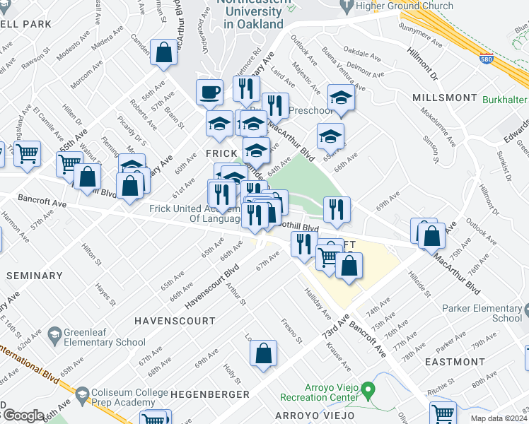map of restaurants, bars, coffee shops, grocery stores, and more near 2921 Havenscourt Boulevard in Oakland