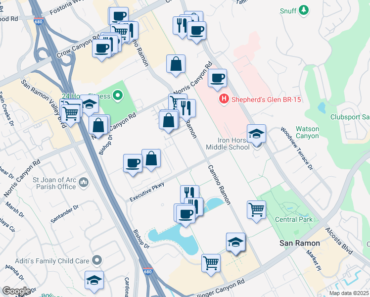map of restaurants, bars, coffee shops, grocery stores, and more near 2430 Camino Ramon in San Ramon