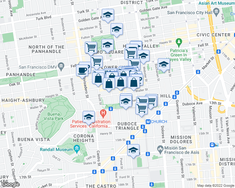 map of restaurants, bars, coffee shops, grocery stores, and more near Waller St & Potomac St in San Francisco