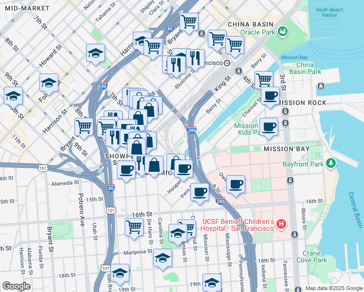 map of restaurants, bars, coffee shops, grocery stores, and more near 451 Berry Street in San Francisco