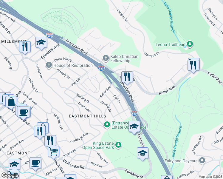 map of restaurants, bars, coffee shops, grocery stores, and more near 7916 Earl Street in Oakland