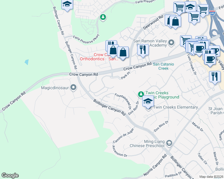 map of restaurants, bars, coffee shops, grocery stores, and more near 219 Forest Creek Lane in San Ramon
