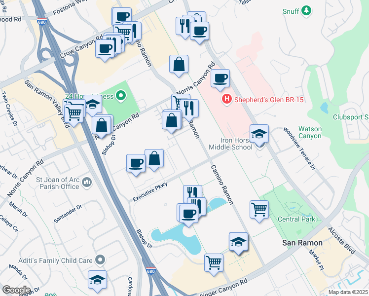 map of restaurants, bars, coffee shops, grocery stores, and more near 325 Isabelline Court in San Ramon