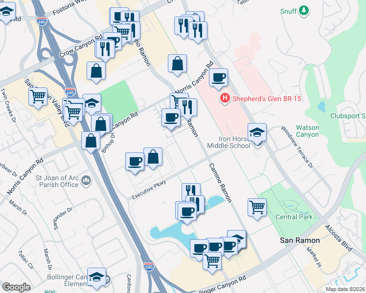 map of restaurants, bars, coffee shops, grocery stores, and more near 325 Isabelline Court in San Ramon